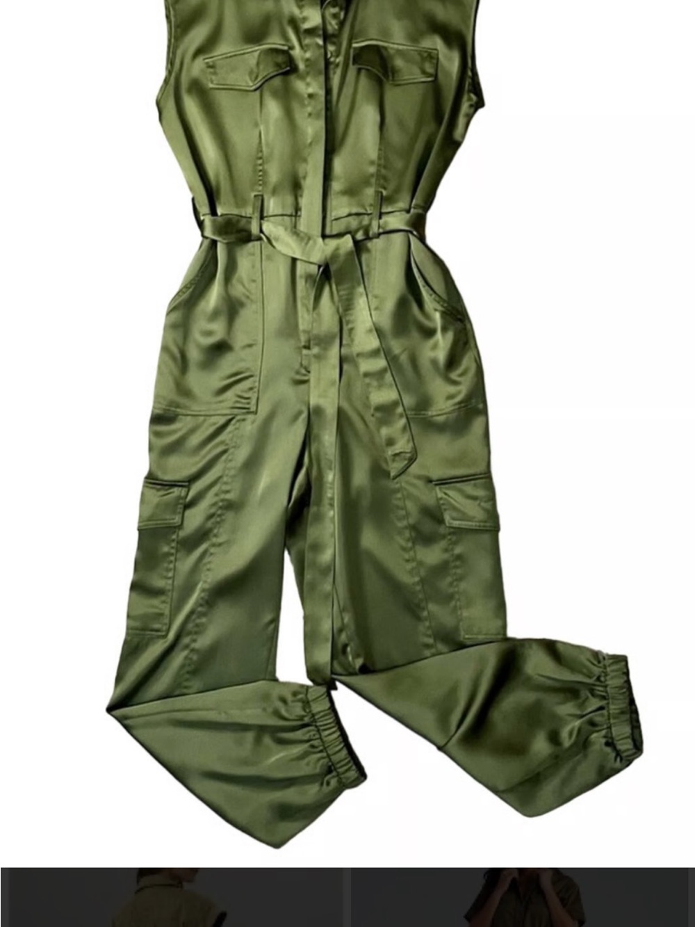 Rachel Zoe Satin Olive Utility Jumpsuit with Tie Waist